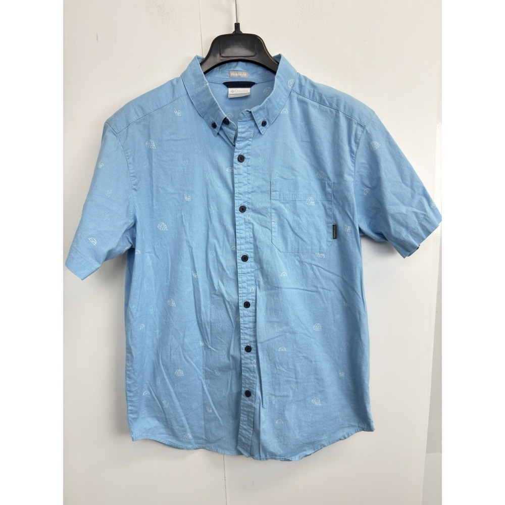 Columbia Shirt Mens M‎ Button Up Short Sleeve Hiking Lightweight Blue Stretch